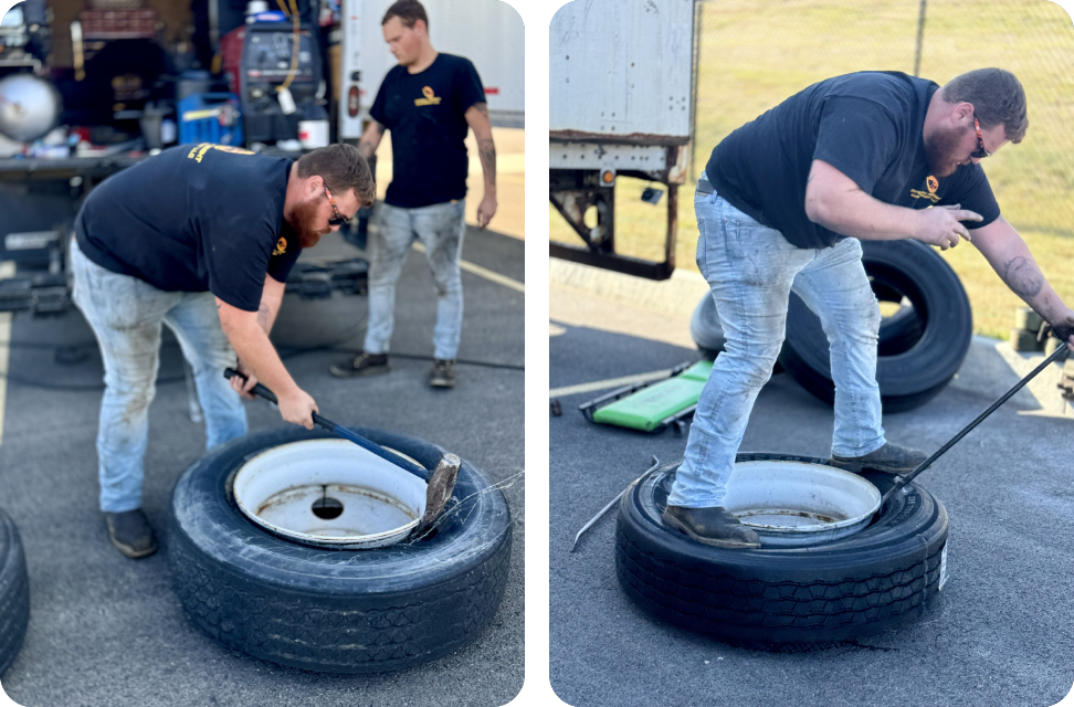 Mechanics removing tire rims with sledgehammers.