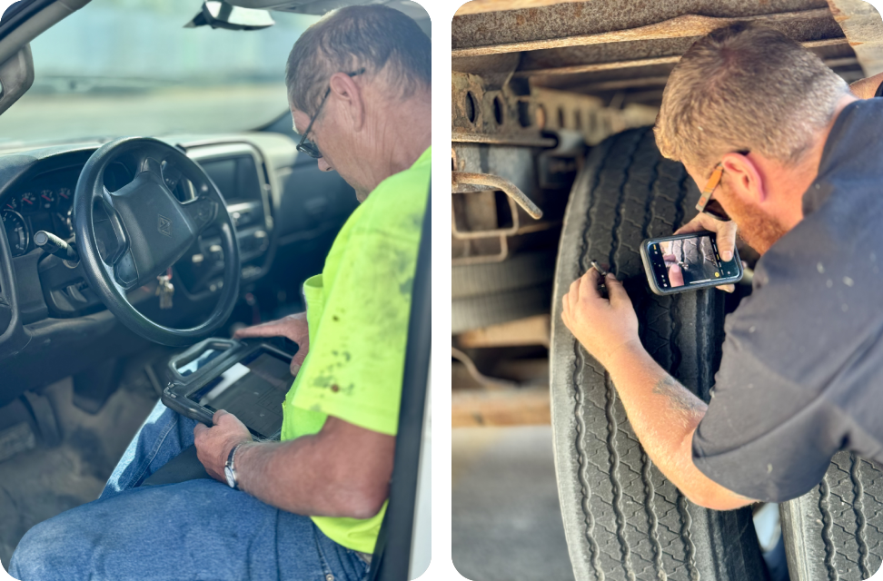 Mechanics inspecting truck tires and vehicle.