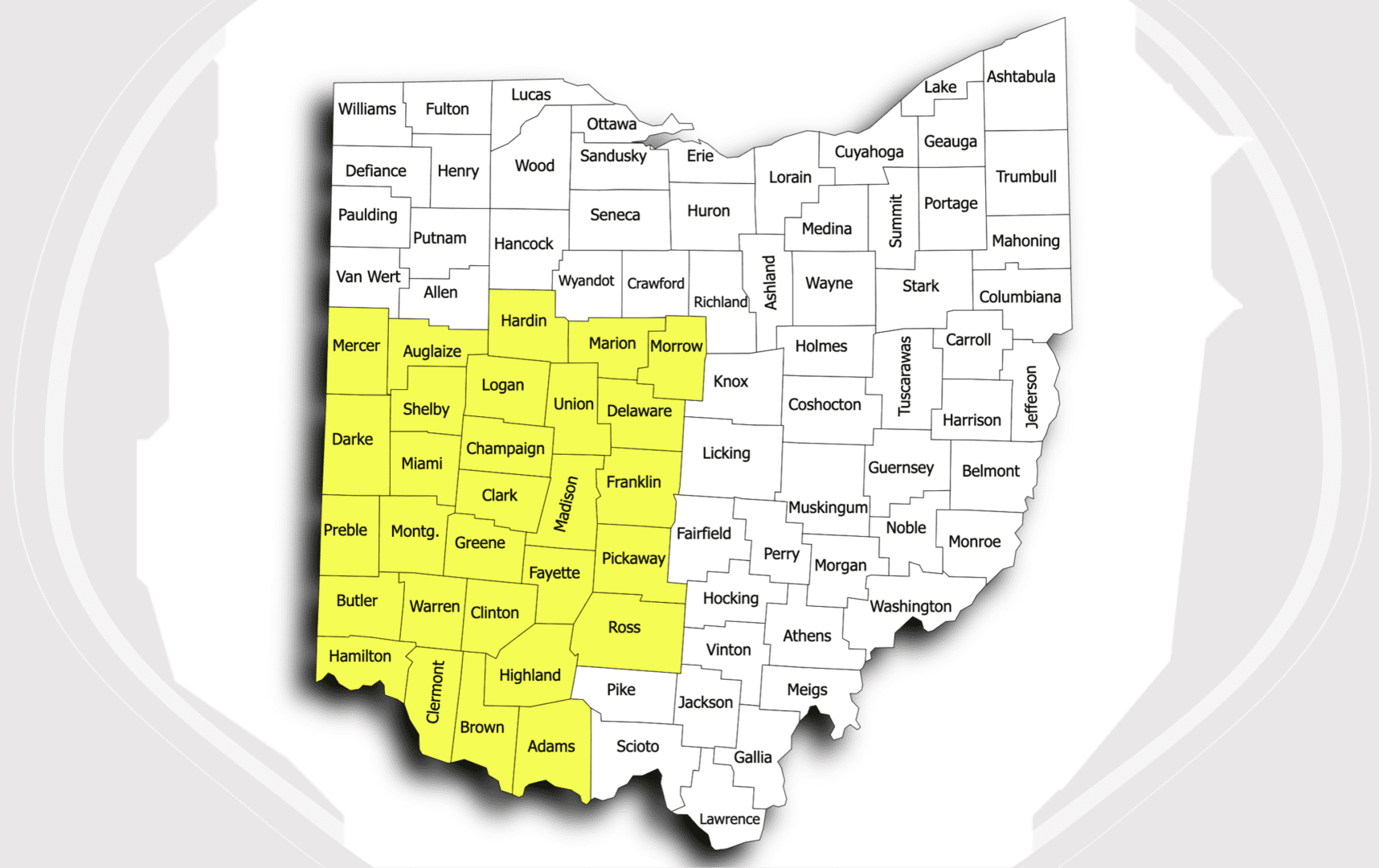 A map of ohio with the counties highlighted in yellow.